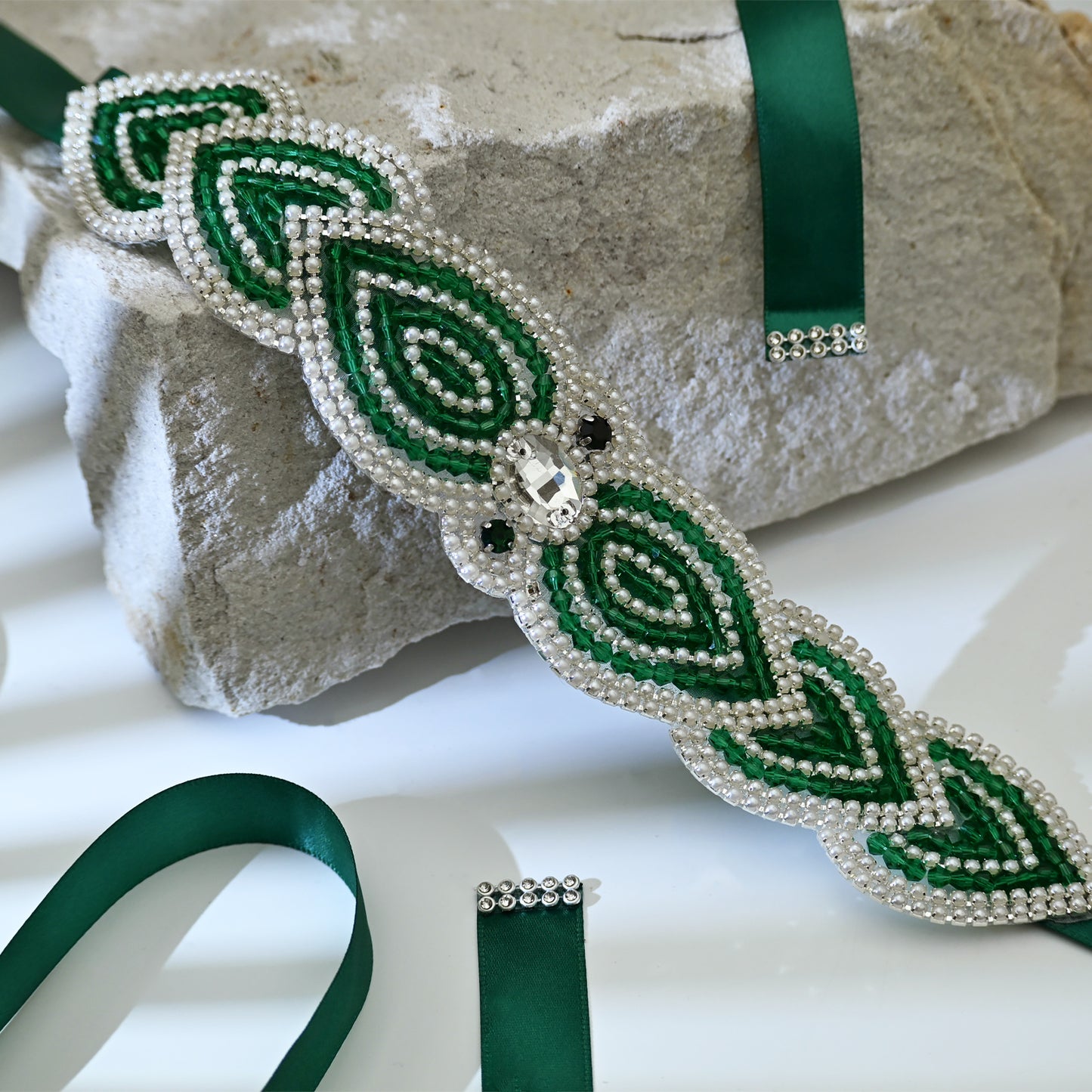 Emerald Green Rhinestone Bridal Sash Ribbon Wedding Dress Belt – Bridella BS265