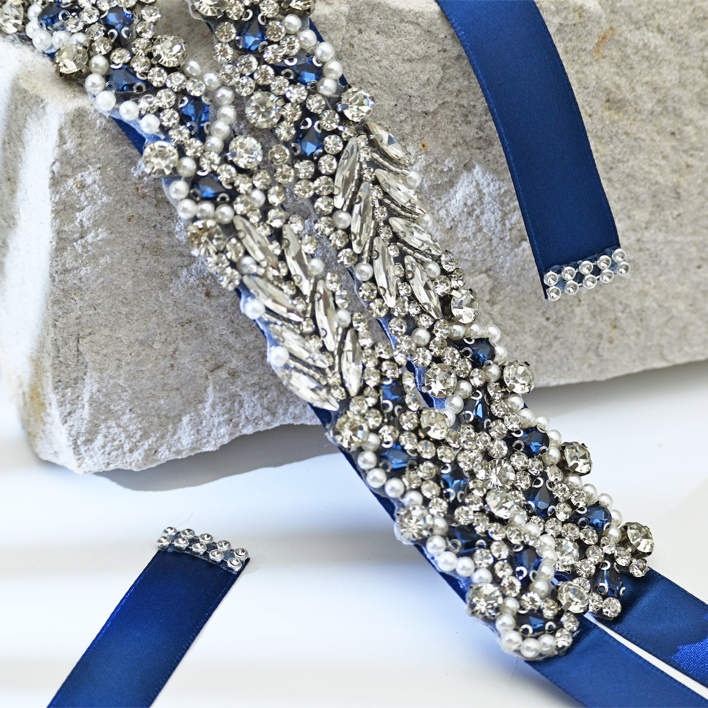 Navy Rhinestone Pearl Bridal Belt Wedding Sash - Bridella BS100ML