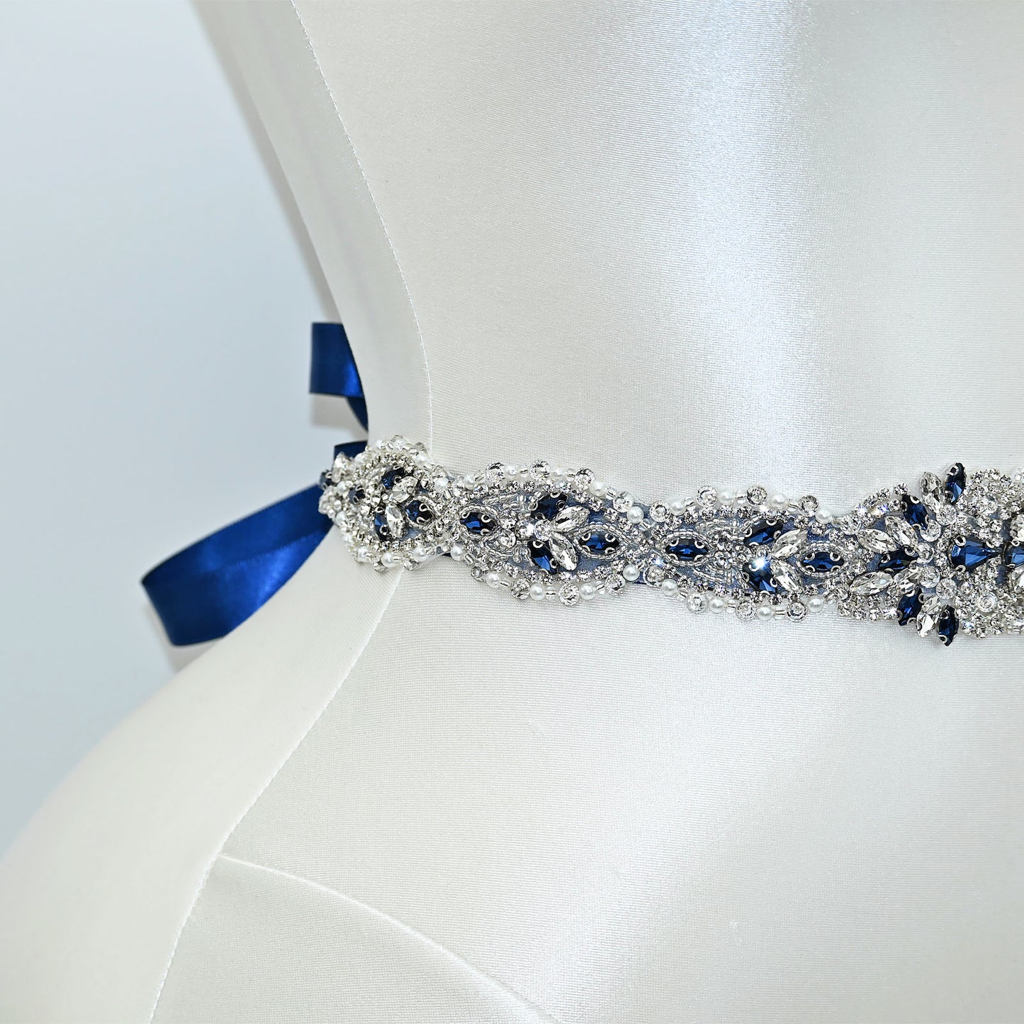 Ink Blue Rhinestone Pearl Bridal Sash Wedding Dress Belt – Bridella BS119ML