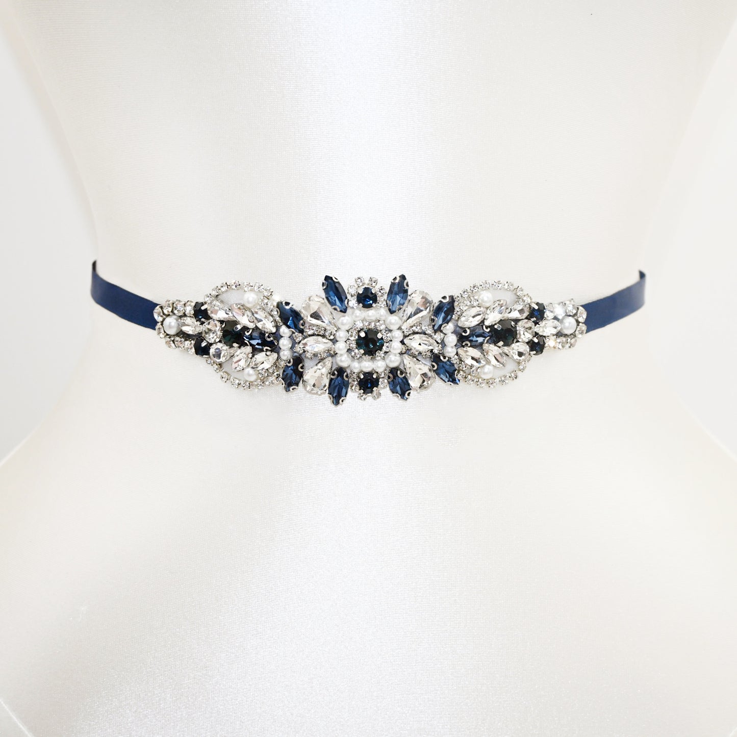 Navy Rhinestone Pearl Bridal Belt Wedding Sash – Bridella BS188ML