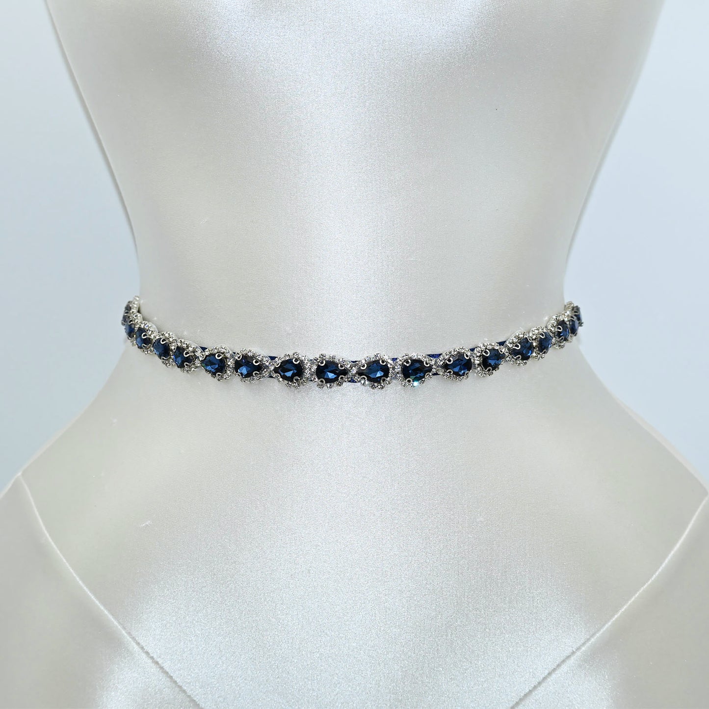 Navy Blue Rhinestone Bridal Belt Adjustable Waist Sash Bridella BS190ML