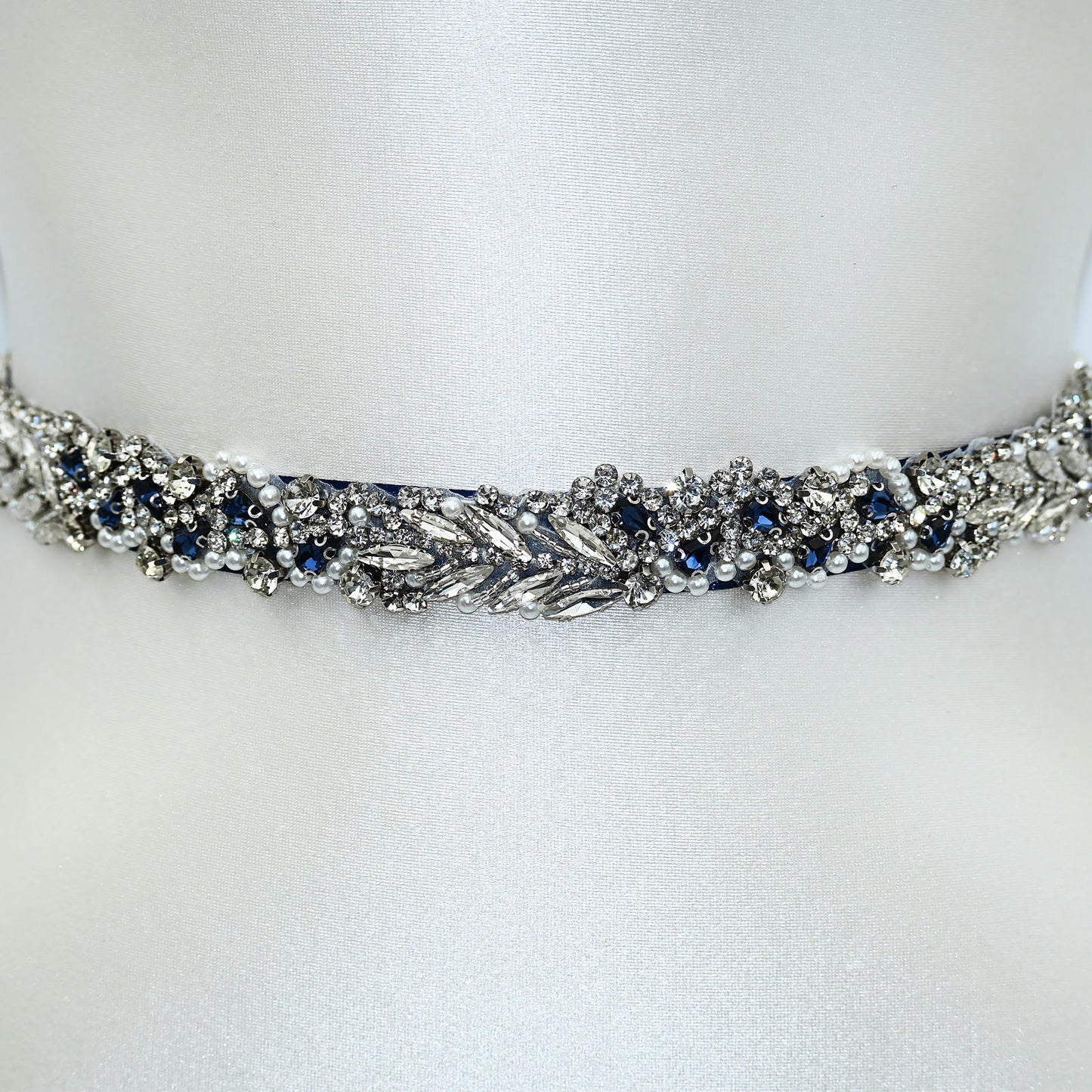 Navy Rhinestone Pearl Bridal Belt Wedding Sash - Bridella BS100ML