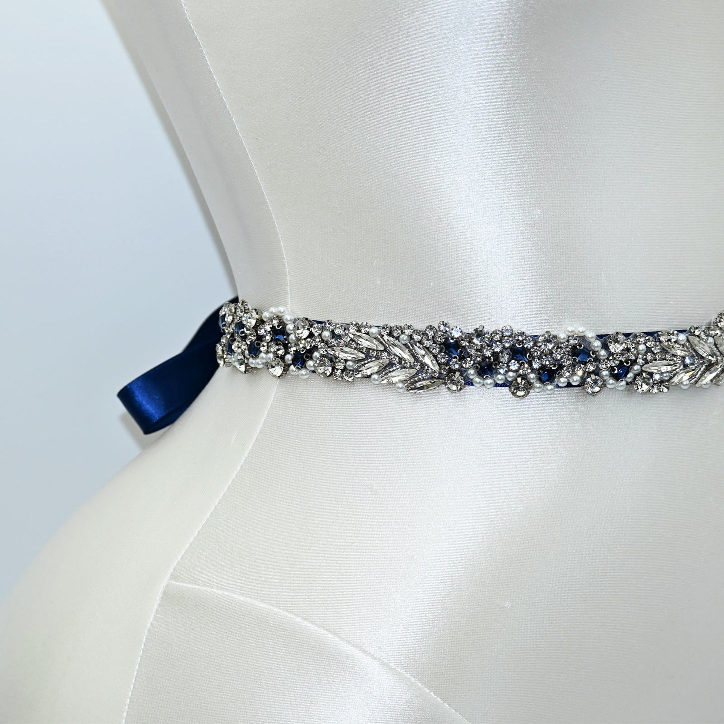 Navy Rhinestone Pearl Bridal Belt Wedding Sash - Bridella BS100ML
