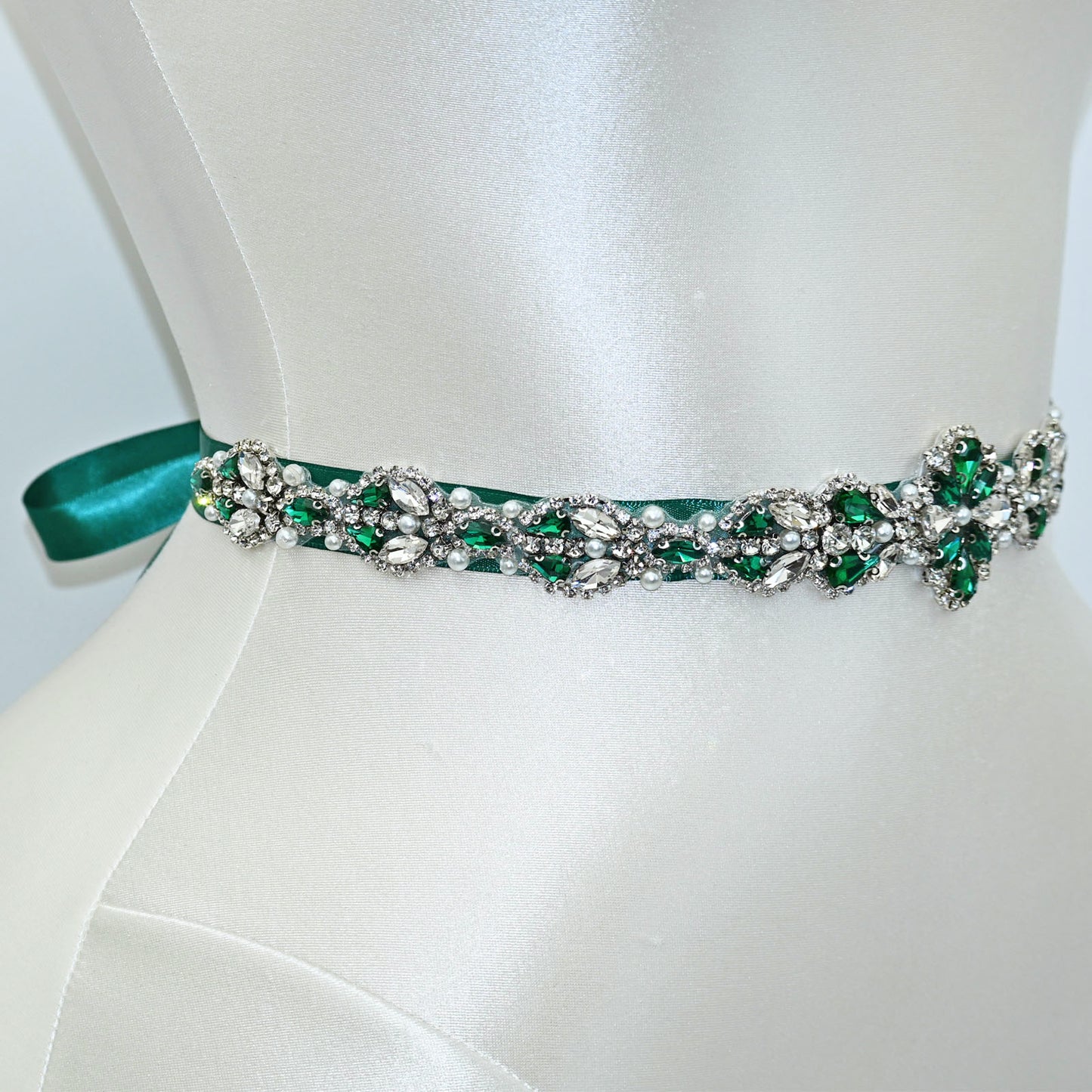 Green Rhinestone Pearl Bridal Belt Wedding Sash - Bridella BS39KL