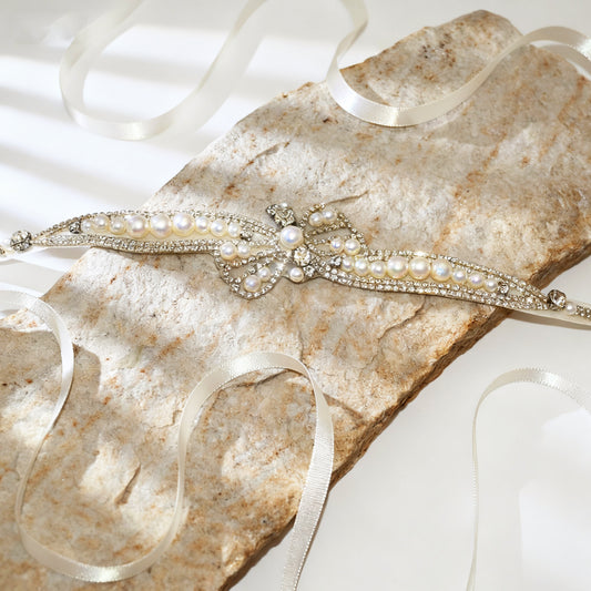Off White Rhinestone Pearl Bridal Belt – Bridella BS97