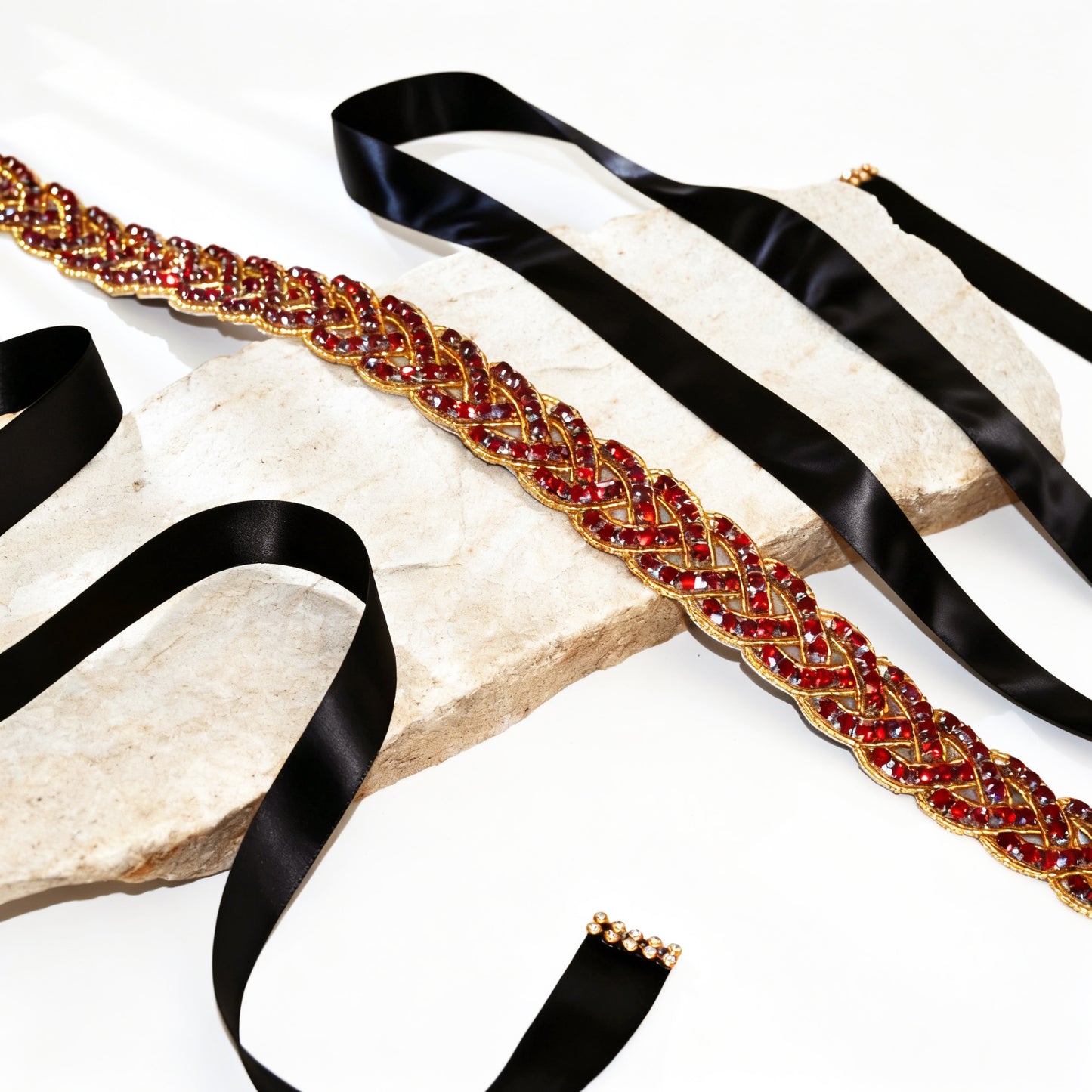 Gold & Red Rhinestone Wedding Belt for Bride - Bridella BS216-GR