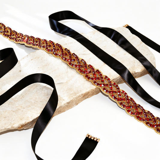 Gold & Red Rhinestone Wedding Belt for Bride - Bridella BS216-GR