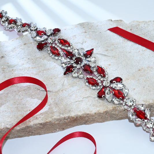 Wine Red Rhinestone Bridal Sash Wedding Dress Belt – Bridella BS167R
