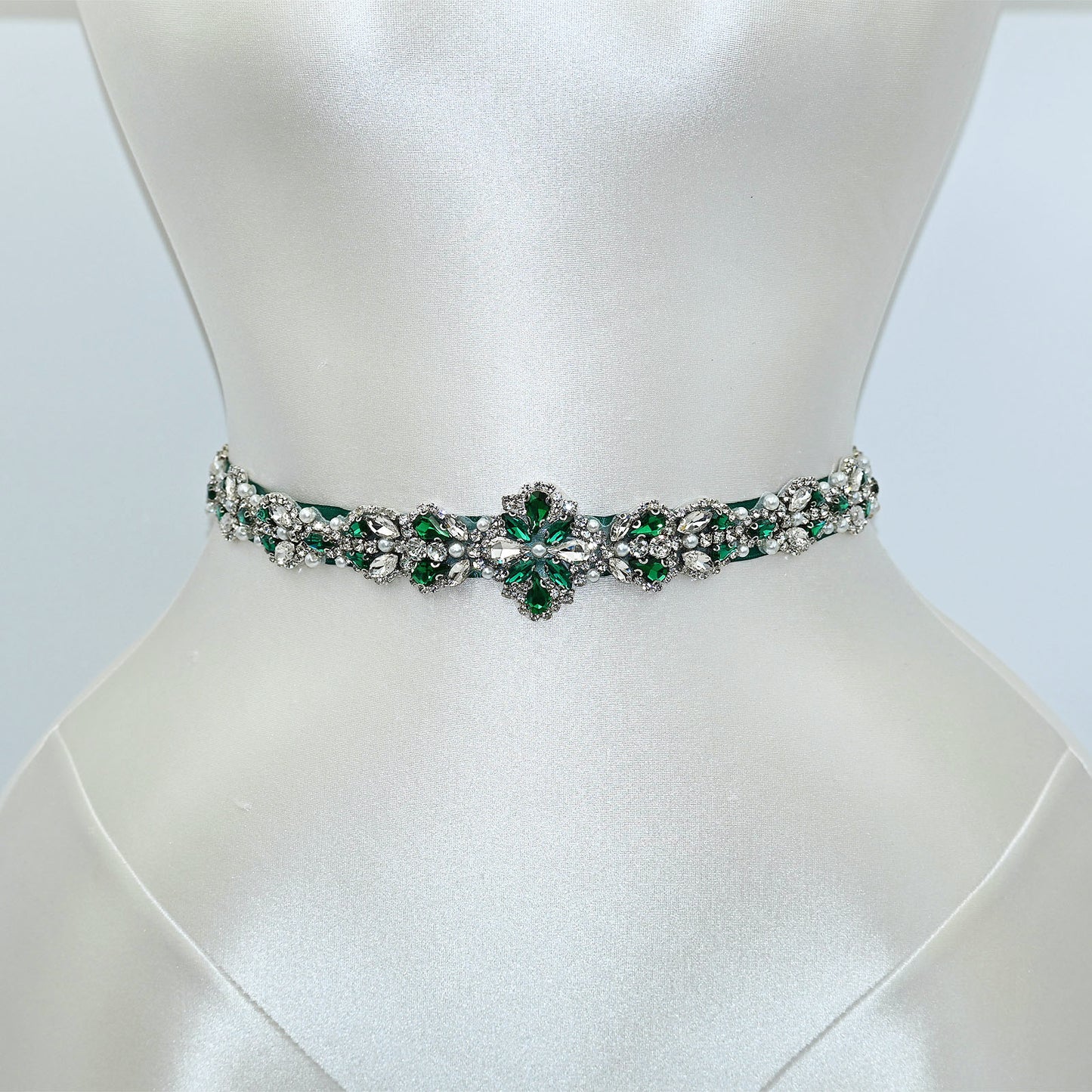Green Rhinestone Pearl Bridal Belt Wedding Sash - Bridella BS39KL
