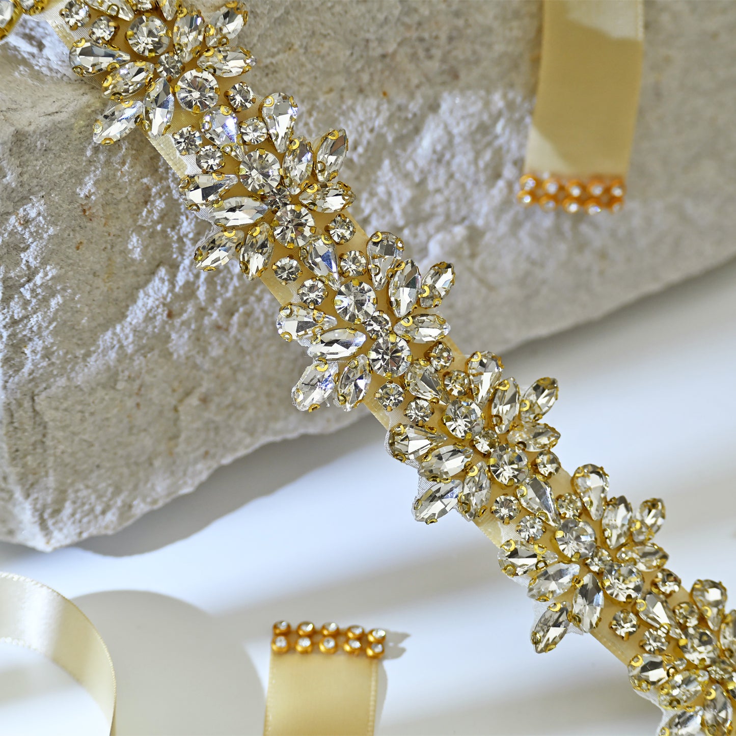 Champagne Gold Rhinestone Bridal Sash Ribbon Wedding Dress Belt – Bridella BS269G-D