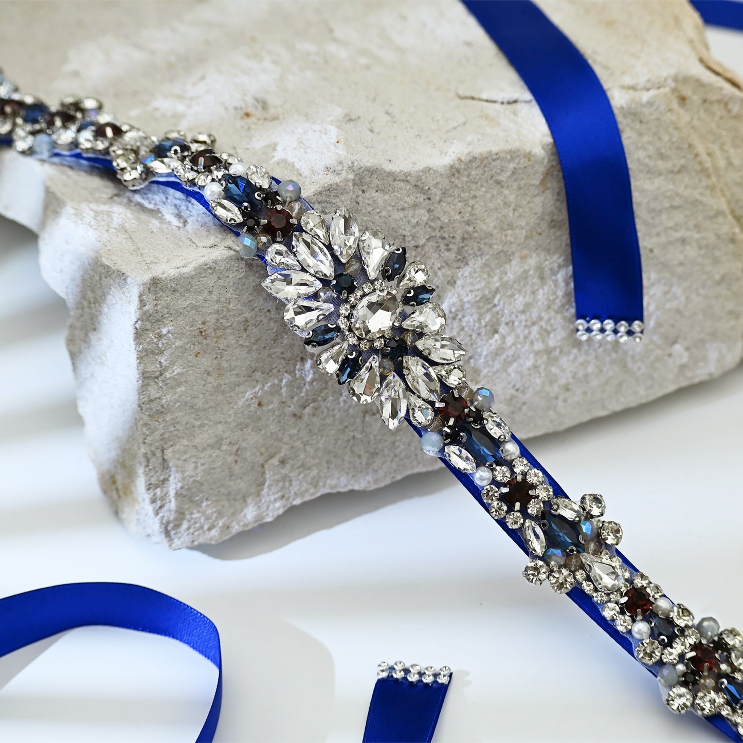 Blue Rhinestone Pearl Bridal Sash Wedding Dress Belt – Bridella BS125ML