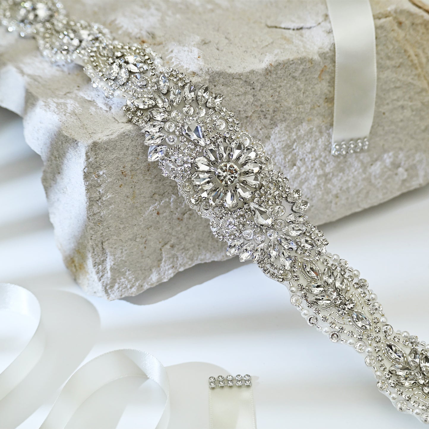 Silver Rhinestone Pearl Bridal Sash Wedding Dress Belt – Bridella BS119