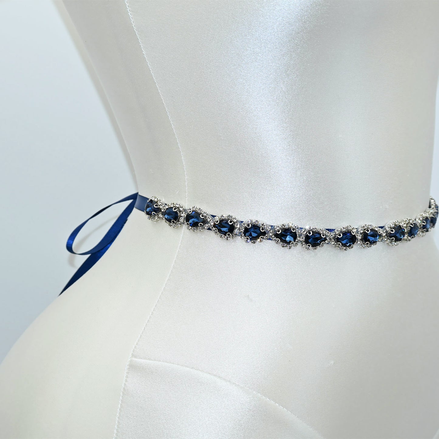 Navy Blue Rhinestone Bridal Belt Adjustable Waist Sash Bridella BS190ML