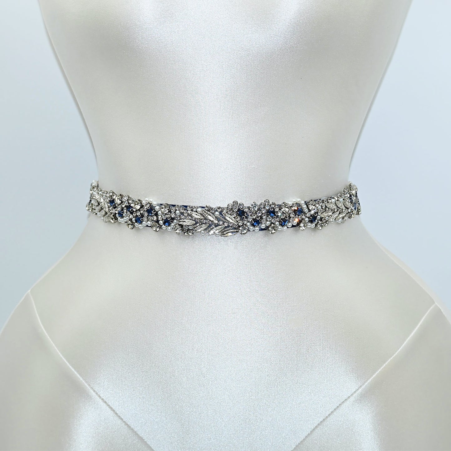 Navy Rhinestone Pearl Bridal Belt Wedding Sash - Bridella BS100ML