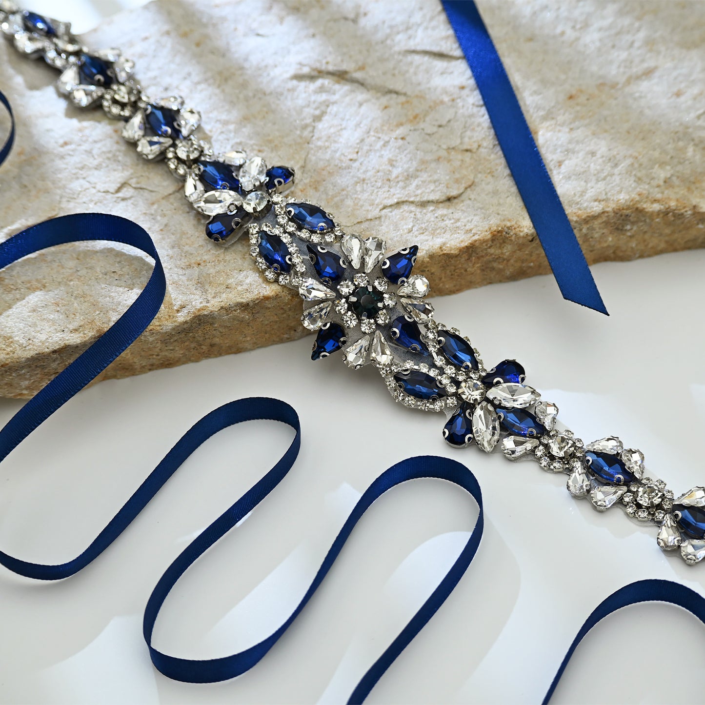 Navy Blue Rhinestone Bridal Sash Wedding Dress Belt – Bridella BS167ML