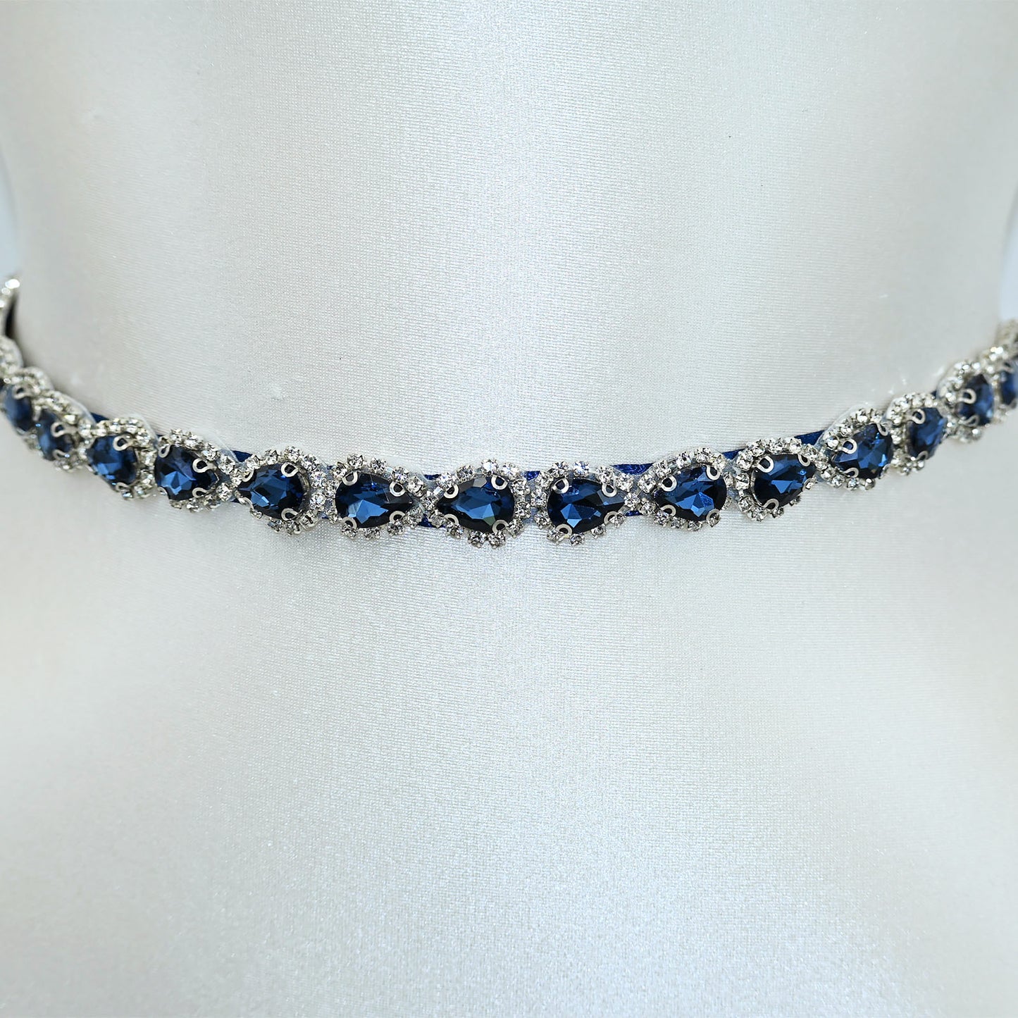 Navy Blue Rhinestone Bridal Belt Adjustable Waist Sash Bridella BS190ML