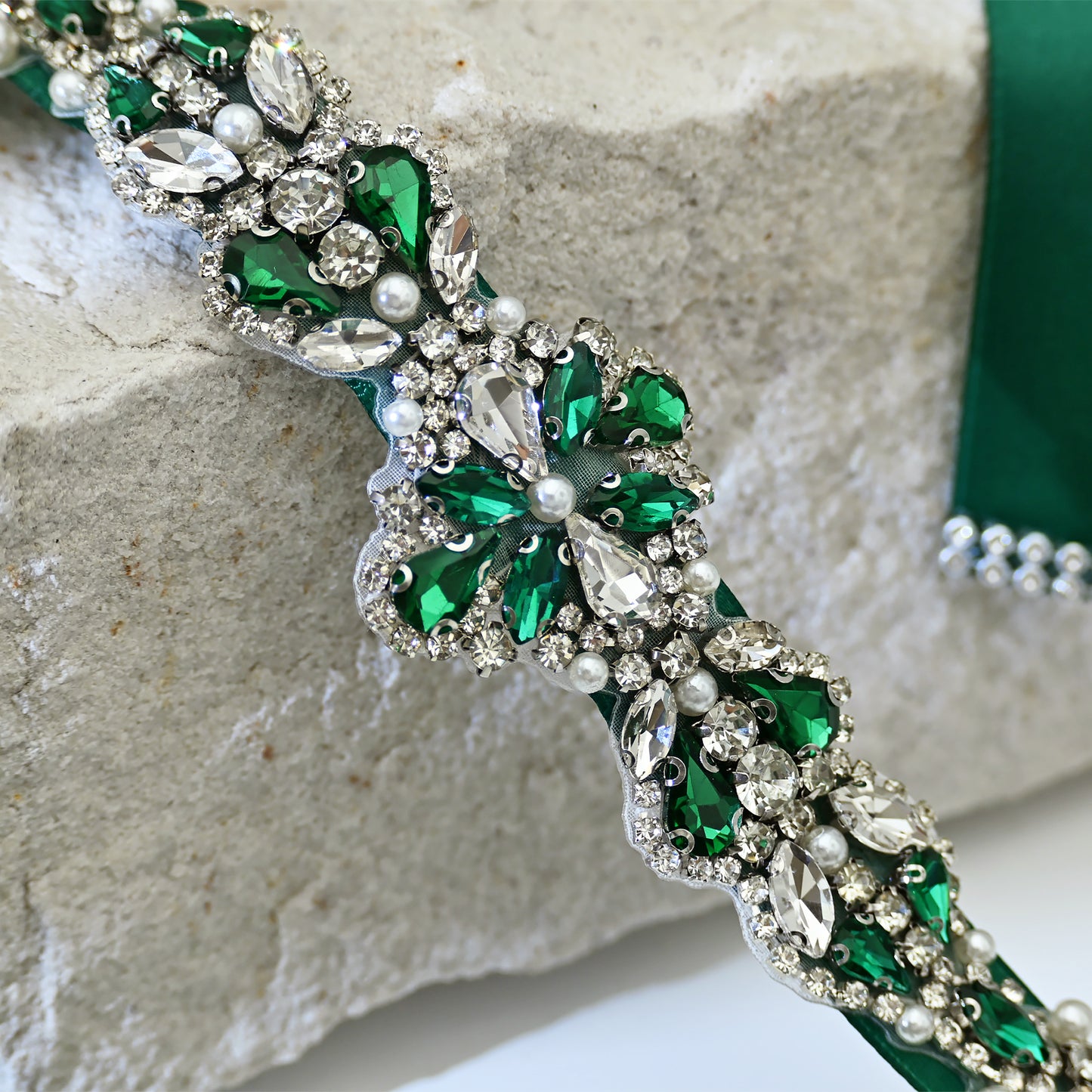 Green Rhinestone Pearl Bridal Belt Wedding Sash - Bridella BS39KL