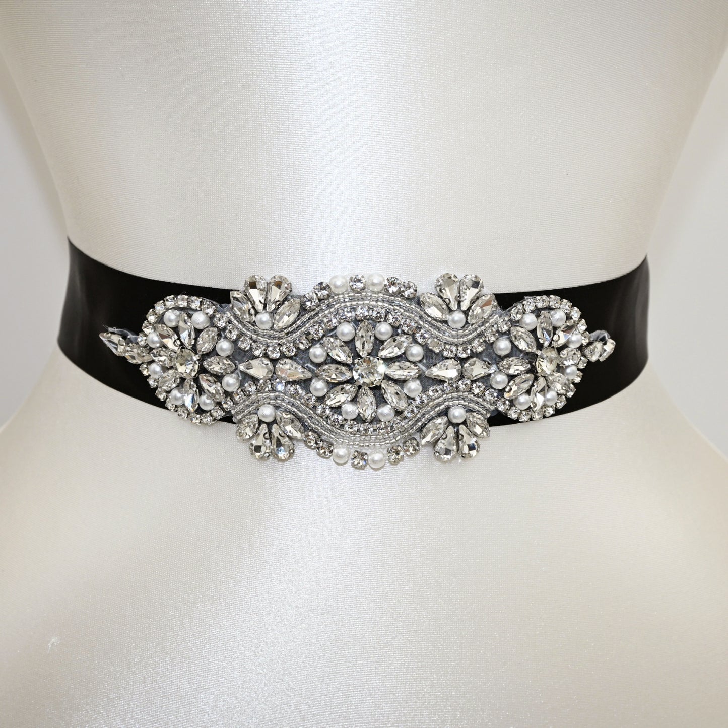 Black Rhinestone Pearl Bridal Belt Wedding Sash – Bridella BS05-B