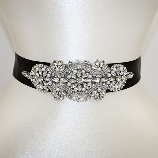 Black Rhinestone Pearl Bridal Belt Wedding Sash – Bridella BS05-B