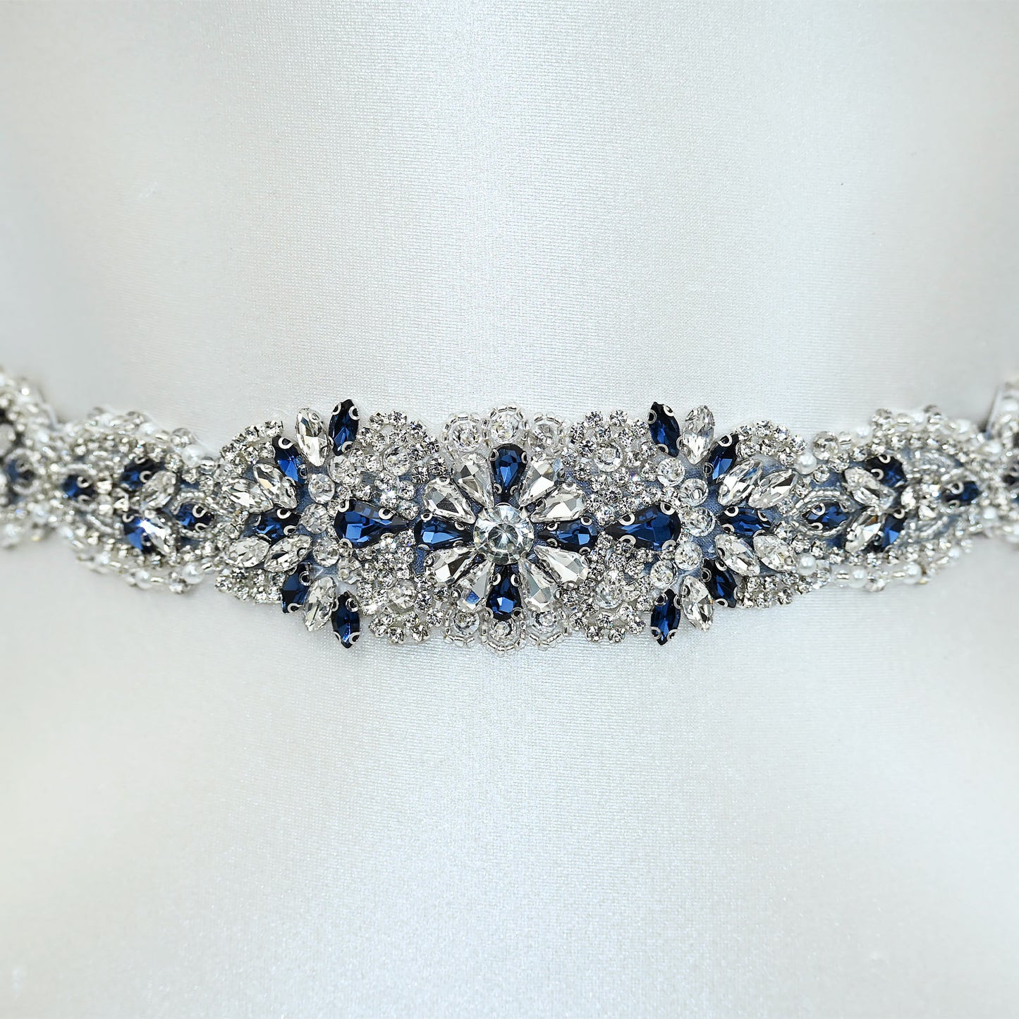 Ink Blue Rhinestone Pearl Bridal Sash Wedding Dress Belt – Bridella BS119ML
