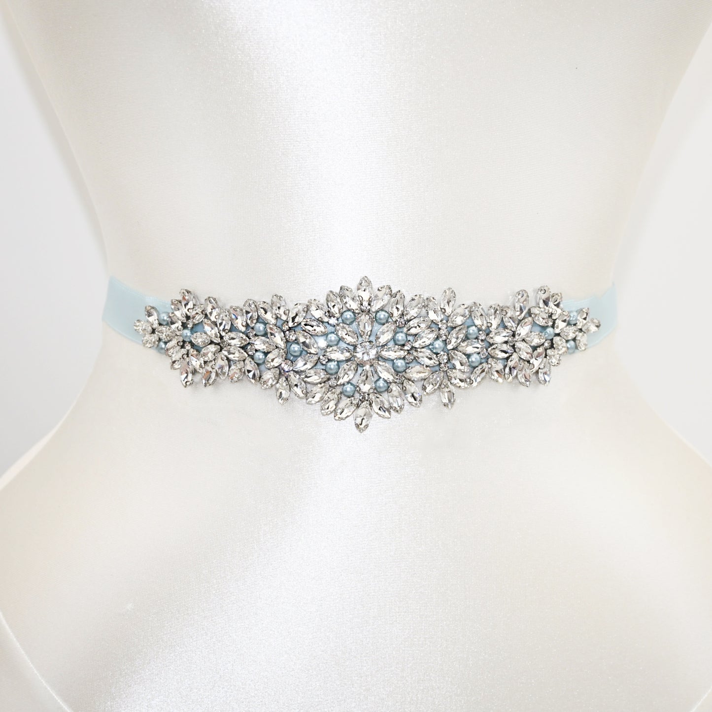 Light Blue Rhinestone Pearl Bridal Sash Wedding Dress Belt – Bridella BS121