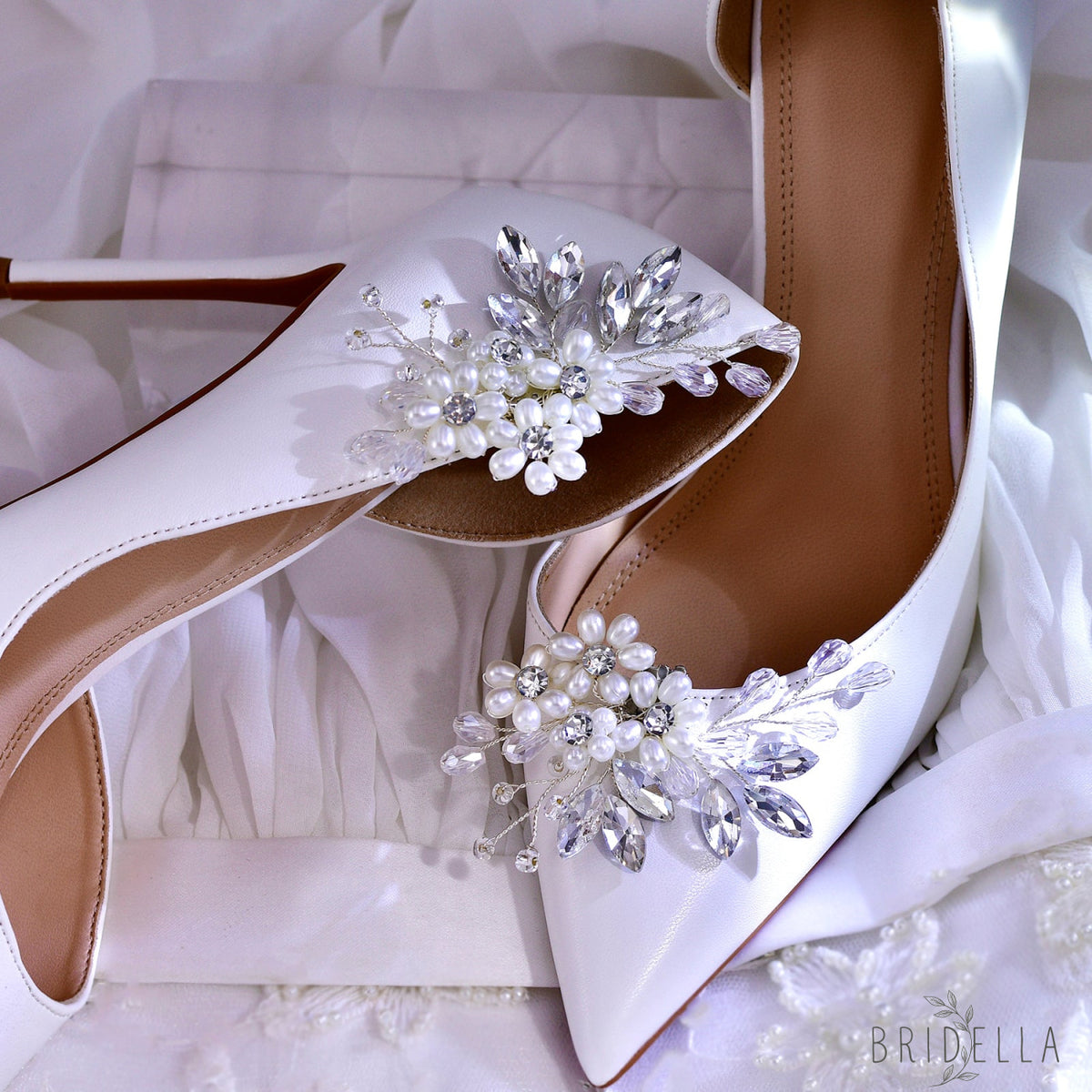 Pearl Flower Bridal Shoe Clips Wedding Heel Decoration - Bridella BHX69 - White
