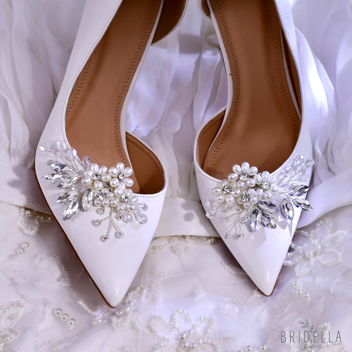 Pearl Flower Bridal Shoe Clips Wedding Heel Decoration - Bridella BHX69 - White