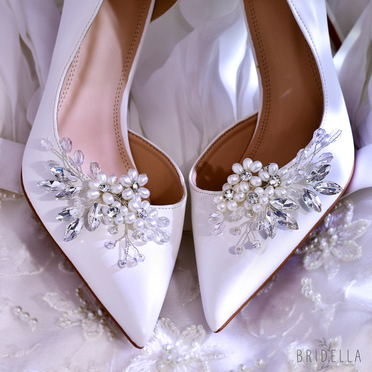 Pearl Flower Bridal Shoe Clips Wedding Heel Decoration - Bridella BHX69 - White