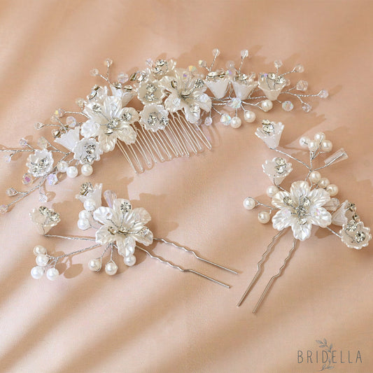 Pearl Flower Three Piece Bride Headpiece Wedding - As picture