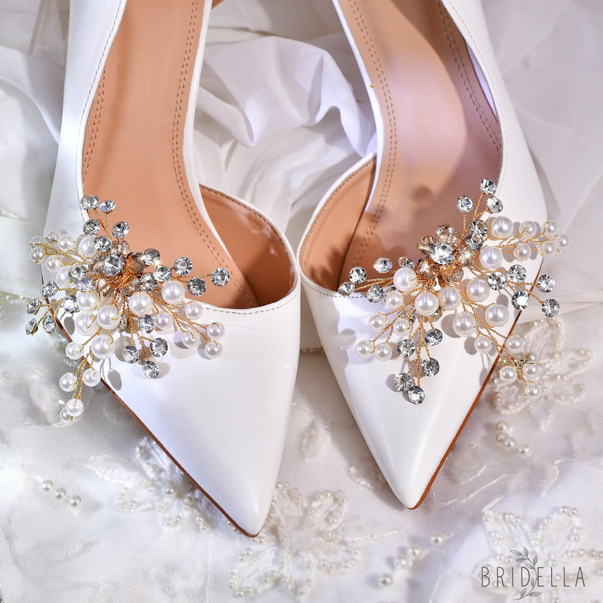 Pearl Gold Bridal Shoe Clips Wedding Heel Decoration - Bridella BHX61 - Gold