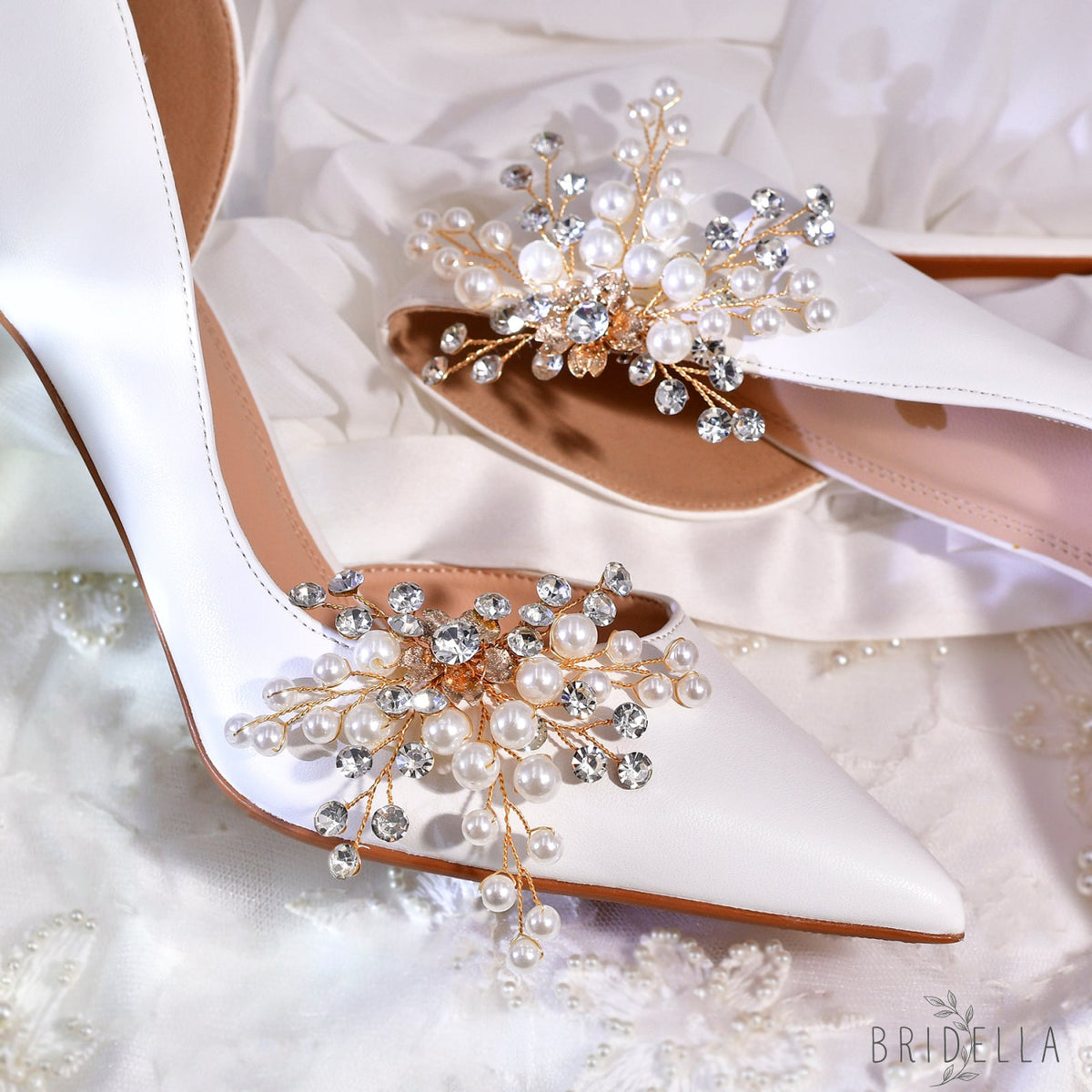 Pearl Gold Bridal Shoe Clips Wedding Heel Decoration - Bridella BHX61 - Gold