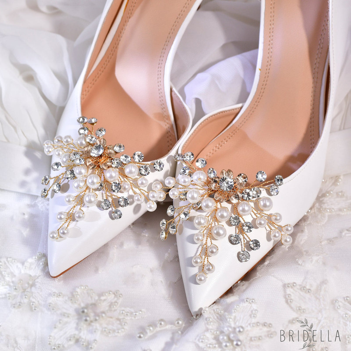 Pearl Gold Bridal Shoe Clips Wedding Heel Decoration - Bridella BHX61 - Gold