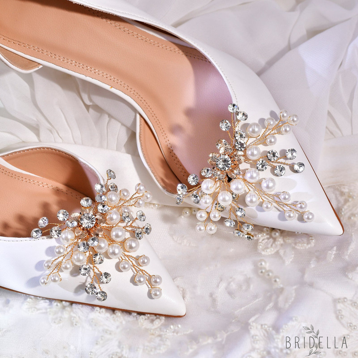 Pearl Gold Bridal Shoe Clips Wedding Heel Decoration - Bridella BHX61 - Gold
