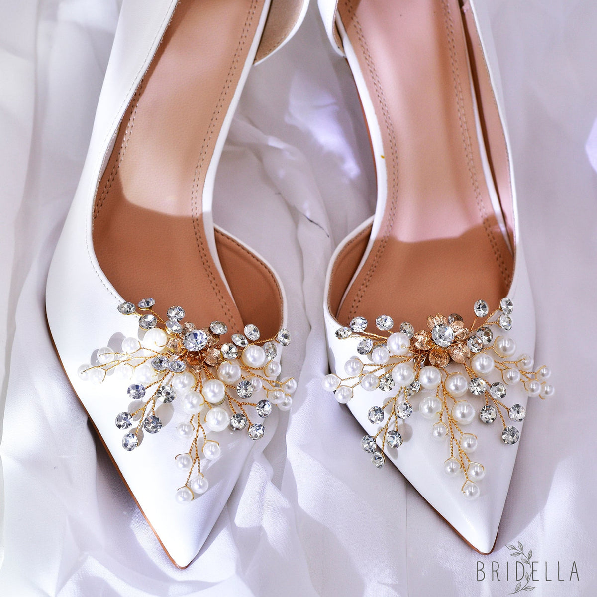 Pearl Gold Bridal Shoe Clips Wedding Heel Decoration - Bridella BHX61 - Gold