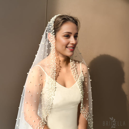 V263-IY3 ivory pearl mesh veil