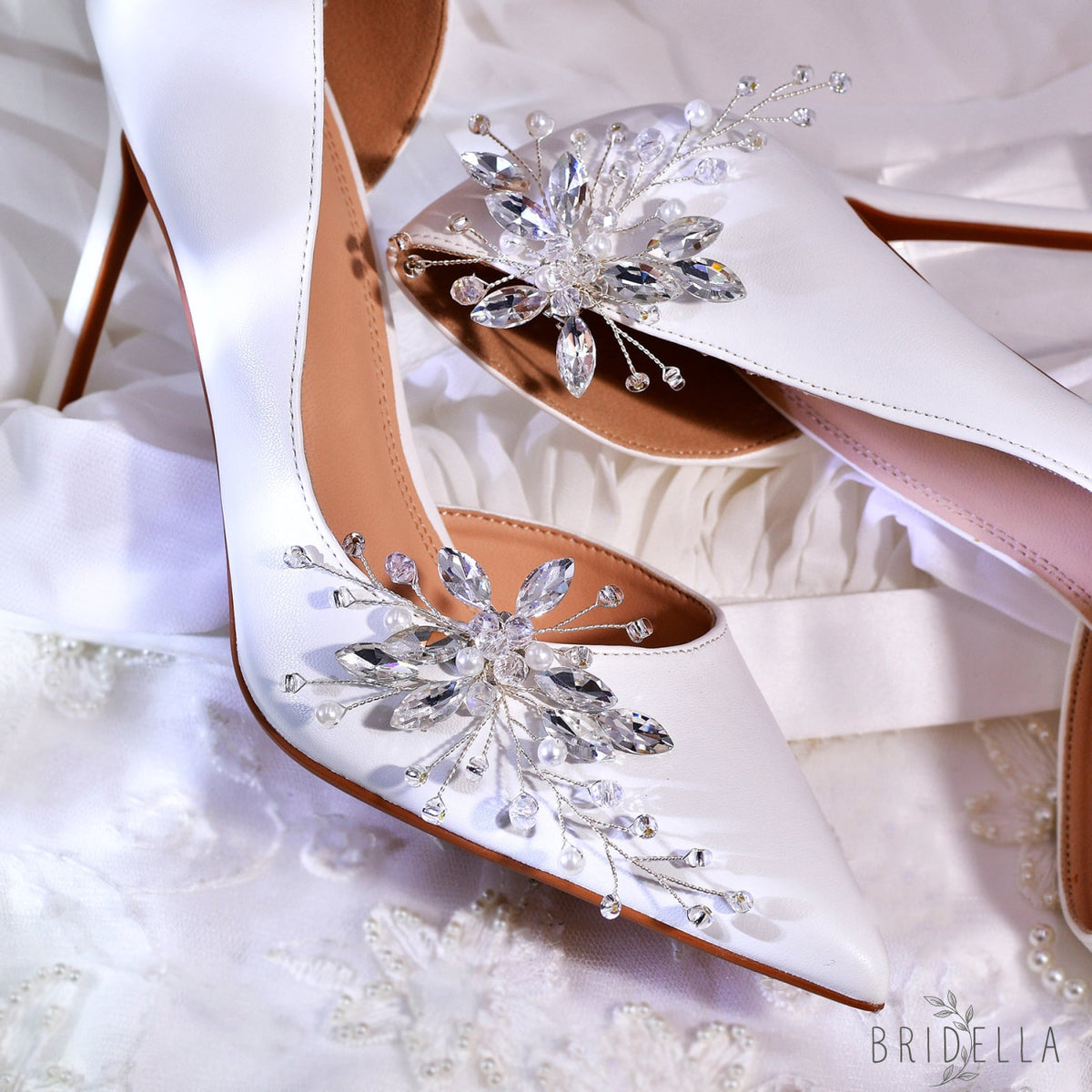 Pearl Rhinestone Bridal Shoe Clips Wedding Heel Decoration - Bridella BHX59 - White