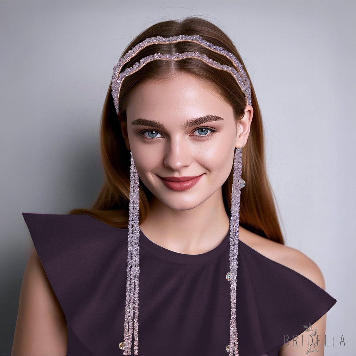 Pink Rhinestone Tassel Bridal Headband Wedding Hair Accessories - Bridella BYXA176 - Pink