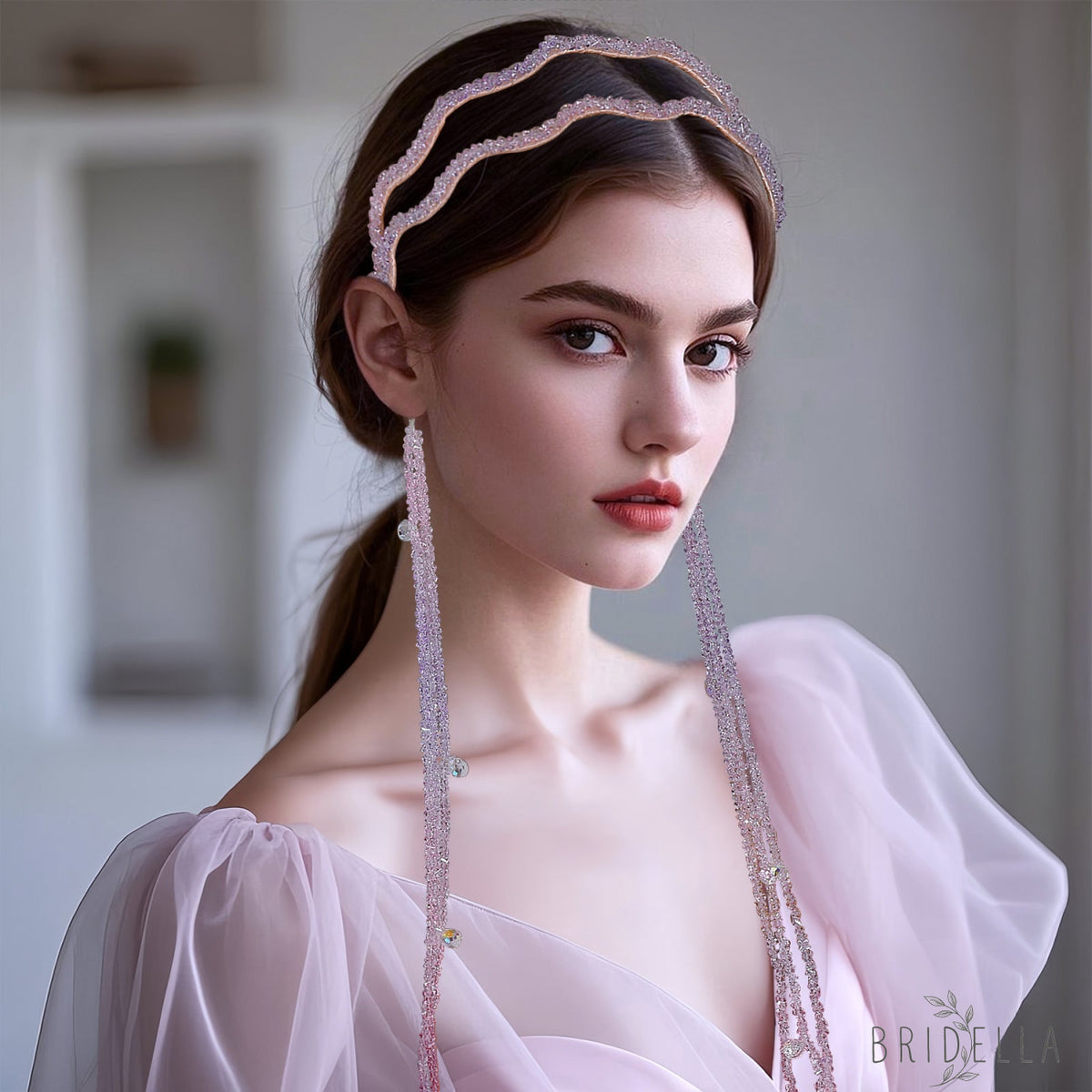 Pink Rhinestone Tassel Bridal Headband Wedding Hair Accessories - Bridella BYXA176 - Pink
