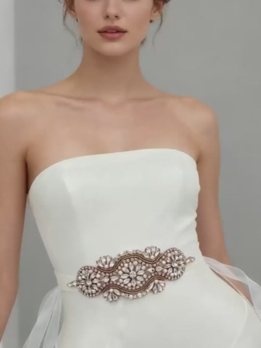 Bridella BS05RG Rose Gold Rhinestone & Pearl Belt