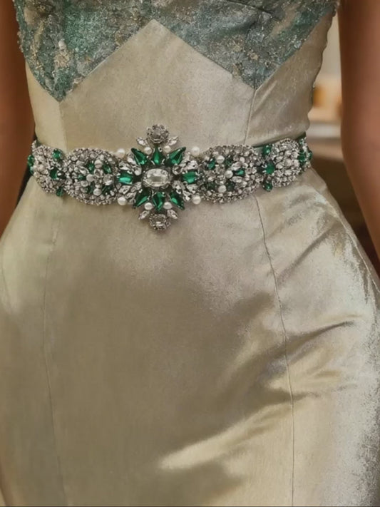 Bridella BS84KL Green Rhinestone & Pearl Belt
