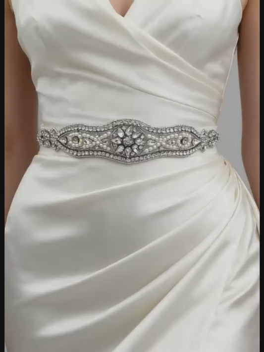 Bridella BS18 White Rhinestone & Pearl Belt