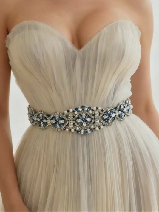 Navy Rhinestone Bridal Dress Belt for Wedding - Bridella BS453ML