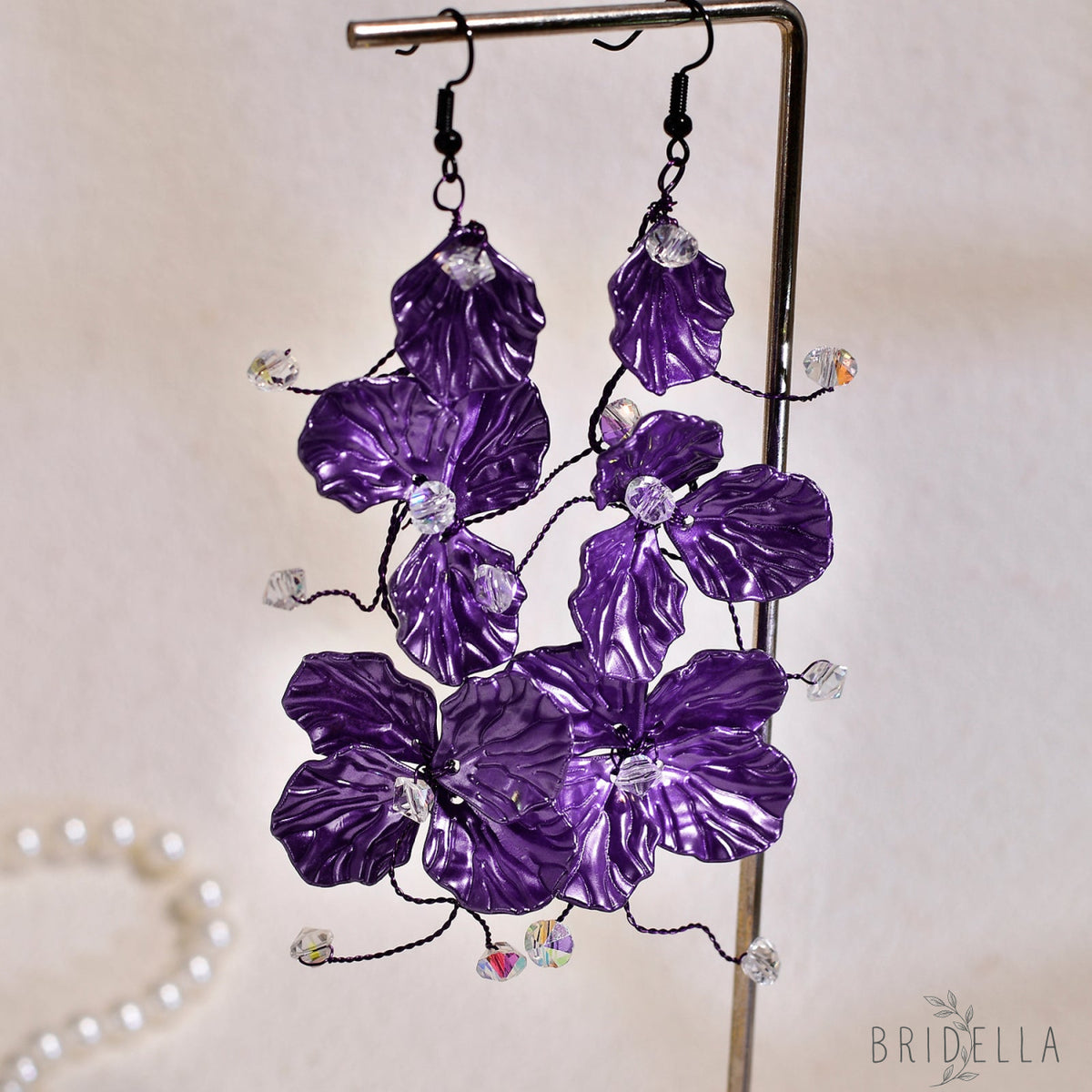Purple Flower Crystal Drop Earrings Fairy Style Jewelry - Bridella BYXB11 - Purple