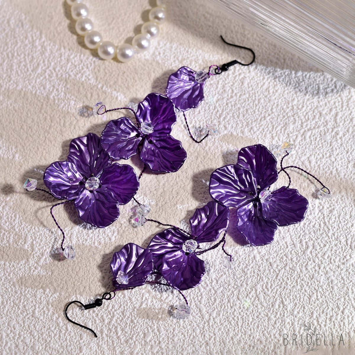 Purple Flower Crystal Drop Earrings Fairy Style Jewelry - Bridella BYXB11 - Purple