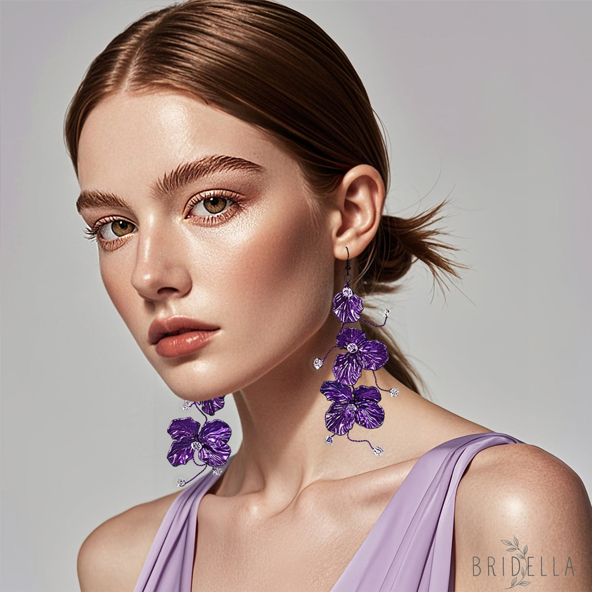 Purple Flower Crystal Drop Earrings Fairy Style Jewelry - Bridella BYXB11 - Purple