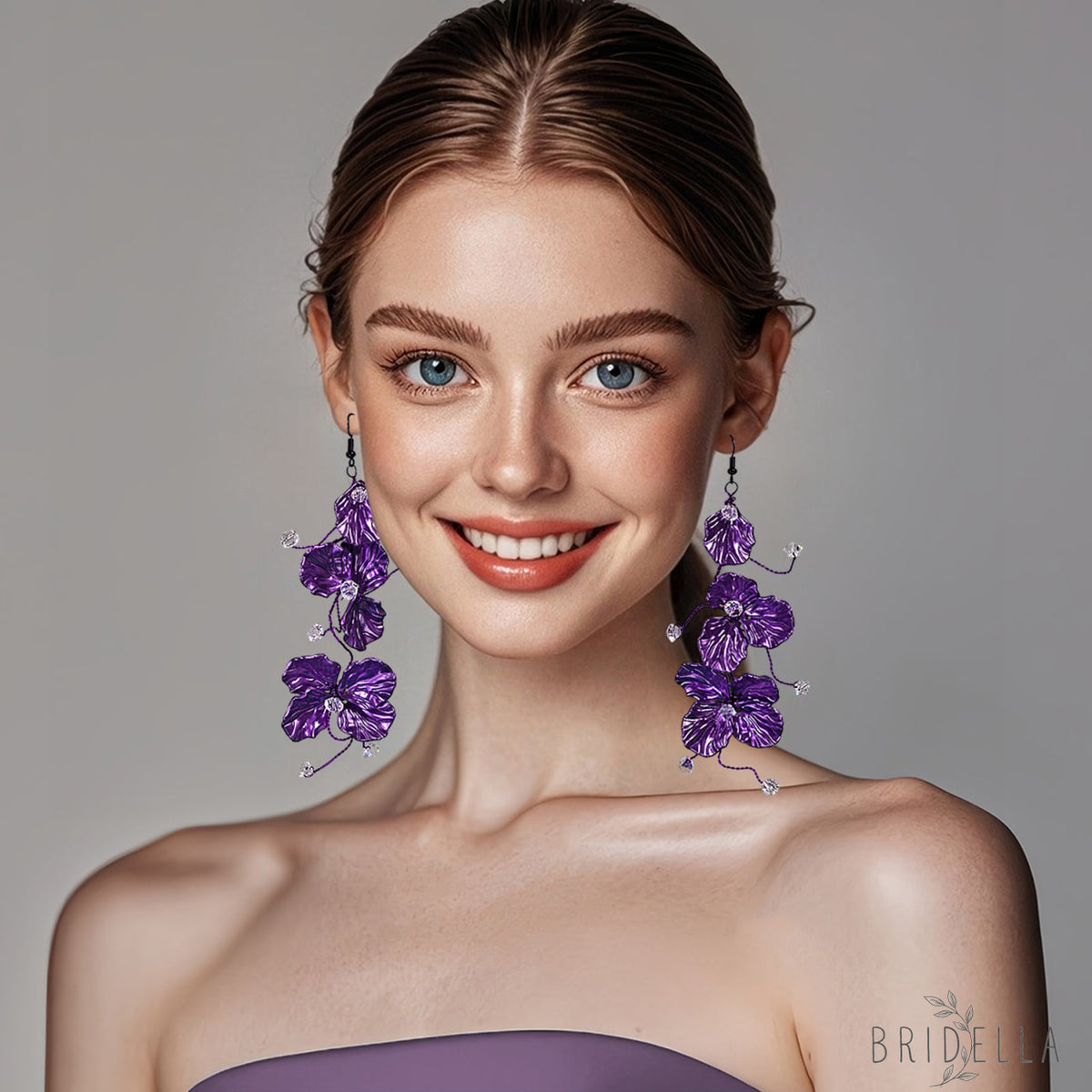 Purple Flower Crystal Drop Earrings Fairy Style Jewelry - Bridella BYXB11 - Purple