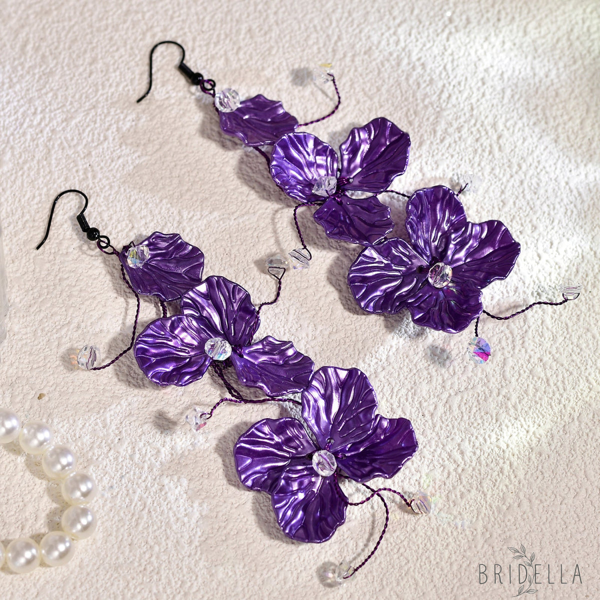 Purple Flower Crystal Drop Earrings Fairy Style Jewelry - Bridella BYXB11 - Purple
