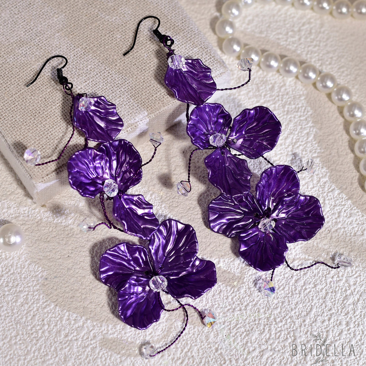 Purple Flower Crystal Drop Earrings Fairy Style Jewelry - Bridella BYXB11 - Purple