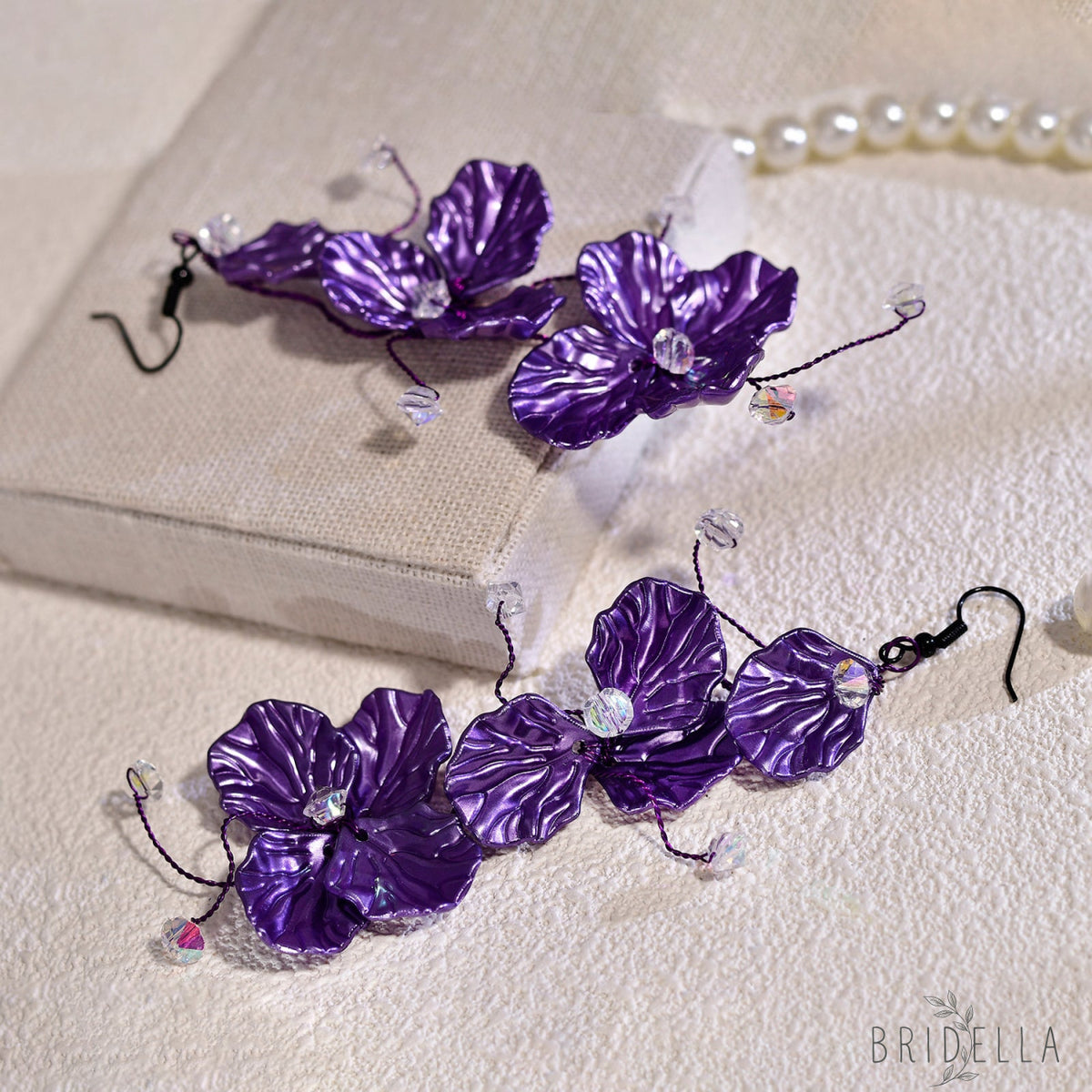 Purple Flower Crystal Drop Earrings Fairy Style Jewelry - Bridella BYXB11 - Purple