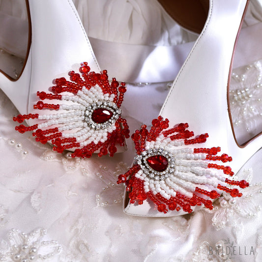 Red Beaded Bridal Shoe Clips Wedding Heel Decoration - Bridella BHX72 - Red